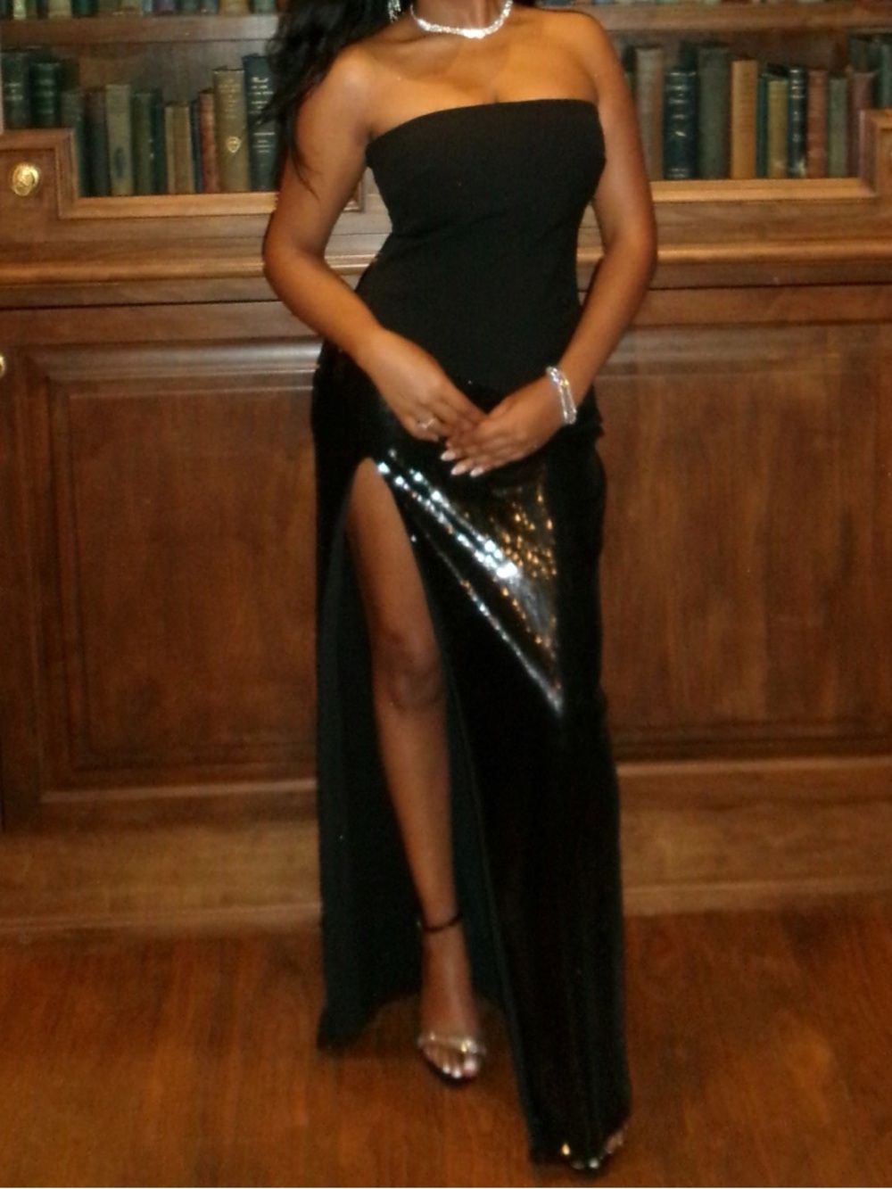 Strapless Black Sequin High-Slit Dress -Revolve